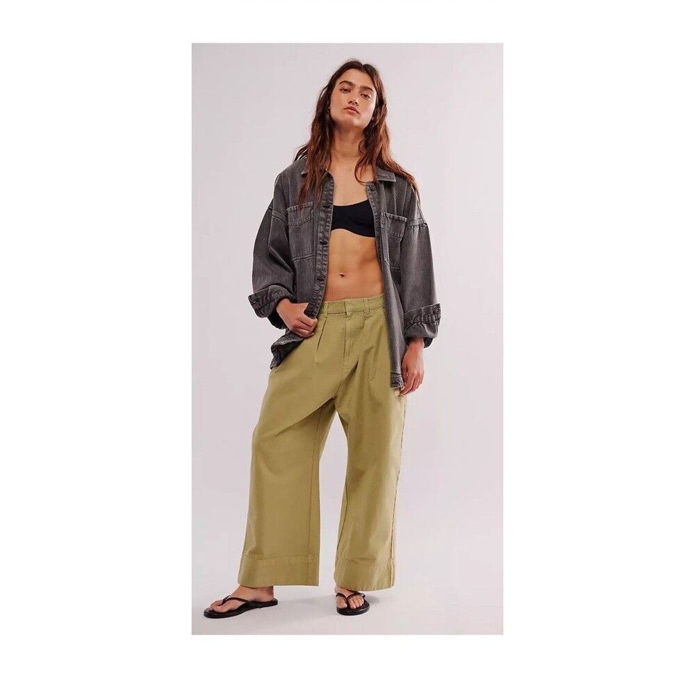 Free People Pants Sz 8 Sweet Talk Cotton Wide Leg Chino In Dried Aloe NWOT $128